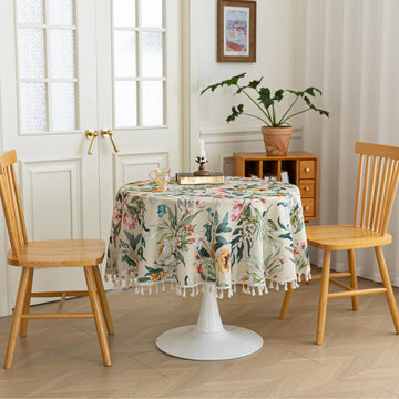 Green Floral Round Tablecloths Boho Tassel Design