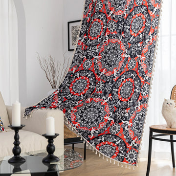 Vibrant bohemian-style curtain with intricate mandala patterns in striking red, black, and white tones, accented with swirling floral details and finished with elegant white tassel trim — perfect for adding bold artistic flair and cultural charm to any living space.