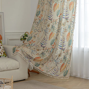 Elegant botanical curtain with a soft beige base, featuring hand-painted style floral and leaf patterns in warm earthy tones and muted pastels, finished with white tassel trim — perfect for bringing a fresh, nature-inspired charm to your home décor.