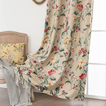 Charming beige blackout curtain with vibrant floral print, featuring yellow, red, and pink blossoms for a fresh, romantic look while providing excellent light blocking and privacy for any room.