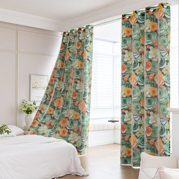 Nature-inspired blackout curtain featuring vibrant green, yellow, and orange roses with delicate butterfly accents, providing excellent light-blocking, privacy, and a fresh, lively touch to bedroom or living room décor.