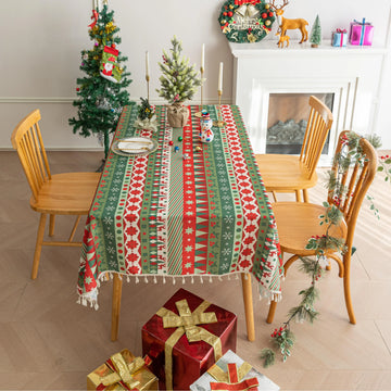 Festive Christmas tablecloth with red, green, and white patterns, perfect for holiday dining décor and creating a warm, cheerful atmosphere