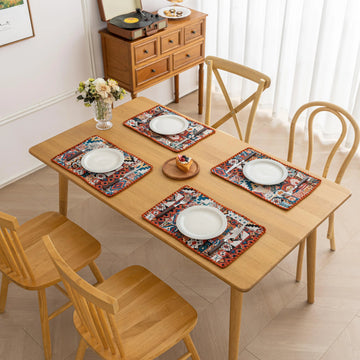 Bohemian woven placemat with vibrant geometric patterns, perfect for adding rustic charm and protecting your table during meals.