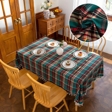 Green Plaid Rectangle Tablecloth Farmhouse Tassel Design