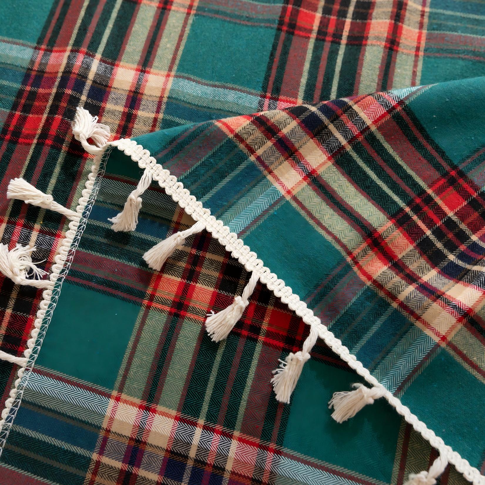 Green Plaid Rectangle Tablecloth Farmhouse Tassel Design