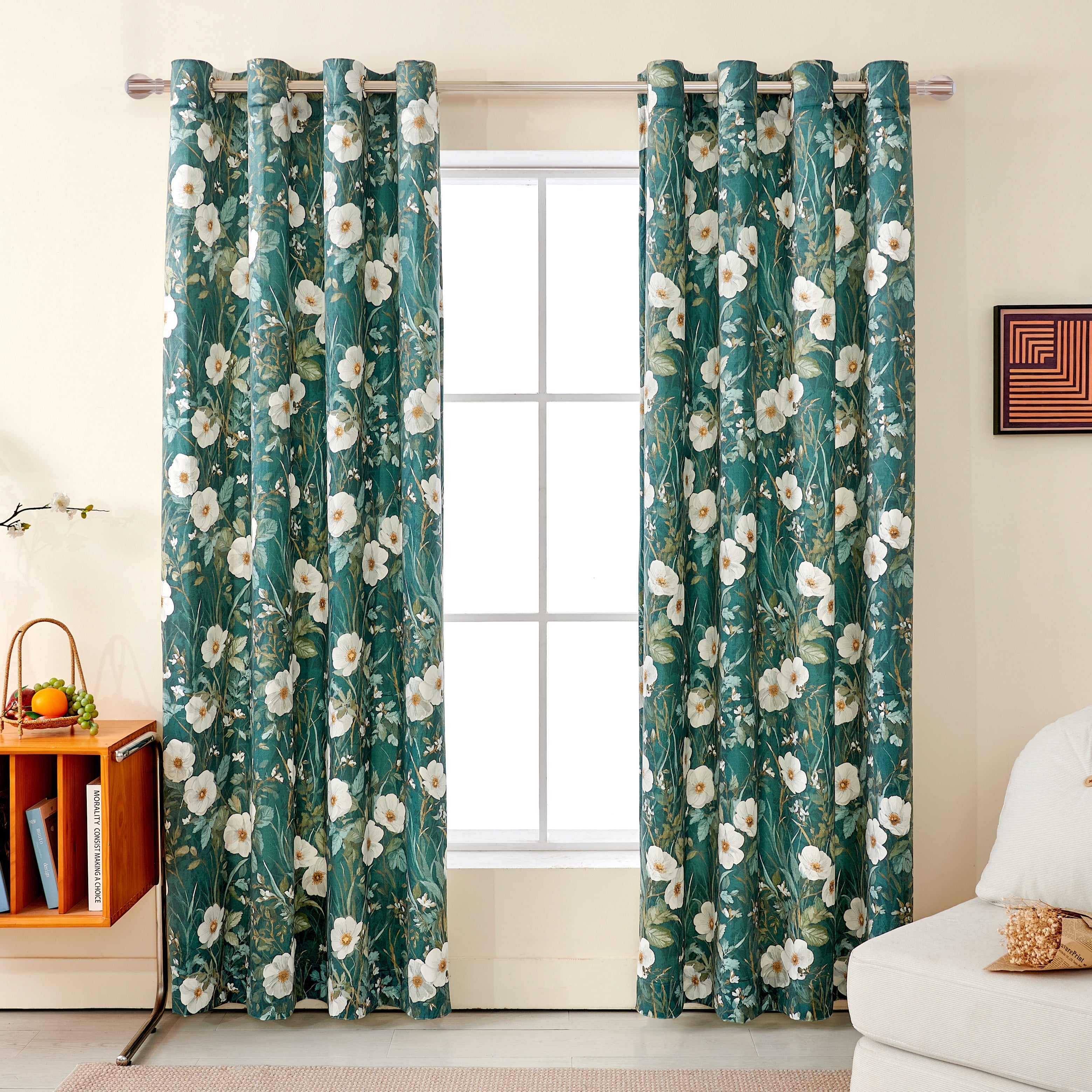 Dark Green White Wild Flower Velvet Curtains Grommet Top 2 Panel