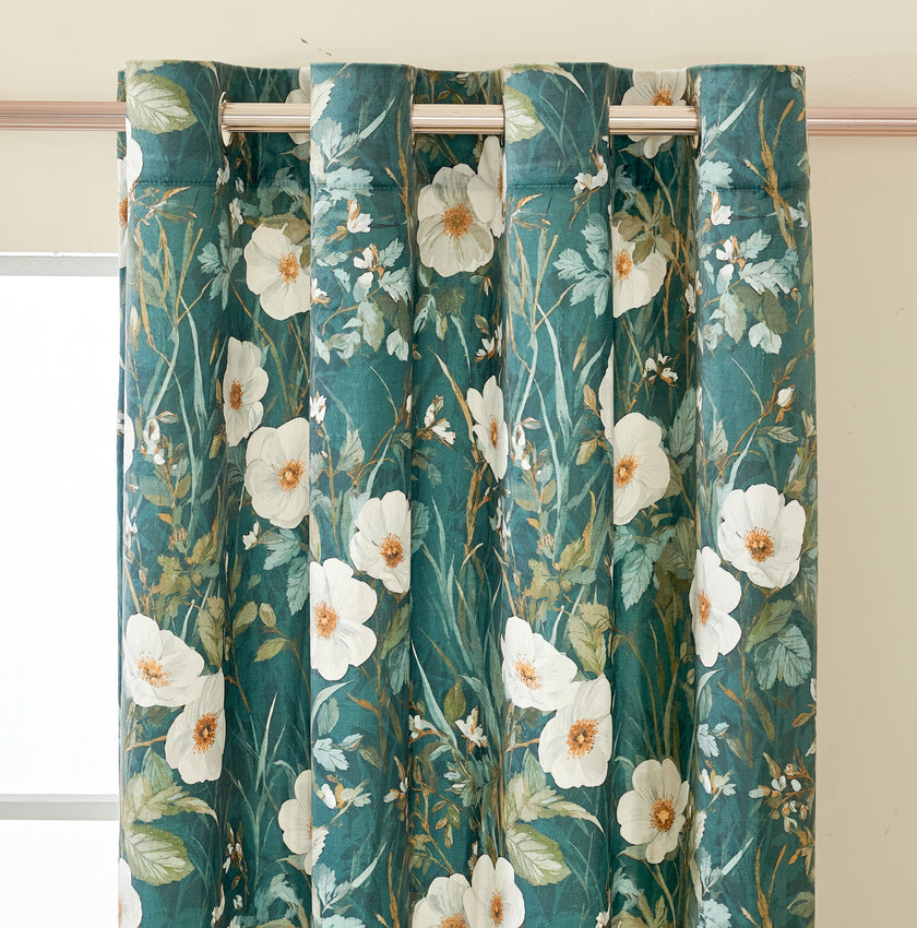 Dark Green White Wild Flower Velvet Curtains Grommet Top 2 Panel