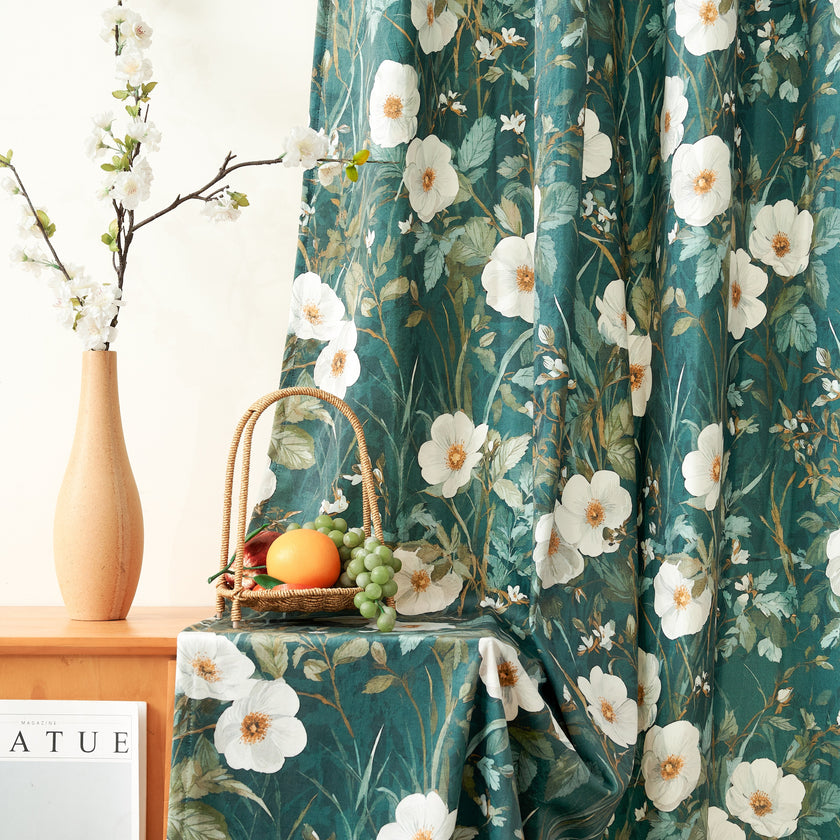 Dark Green White Wild Flower Velvet Curtains Grommet Top 2 Panel