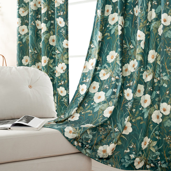 Dark Green White Wild Flower Velvet Curtains Grommet Top 2 Panel