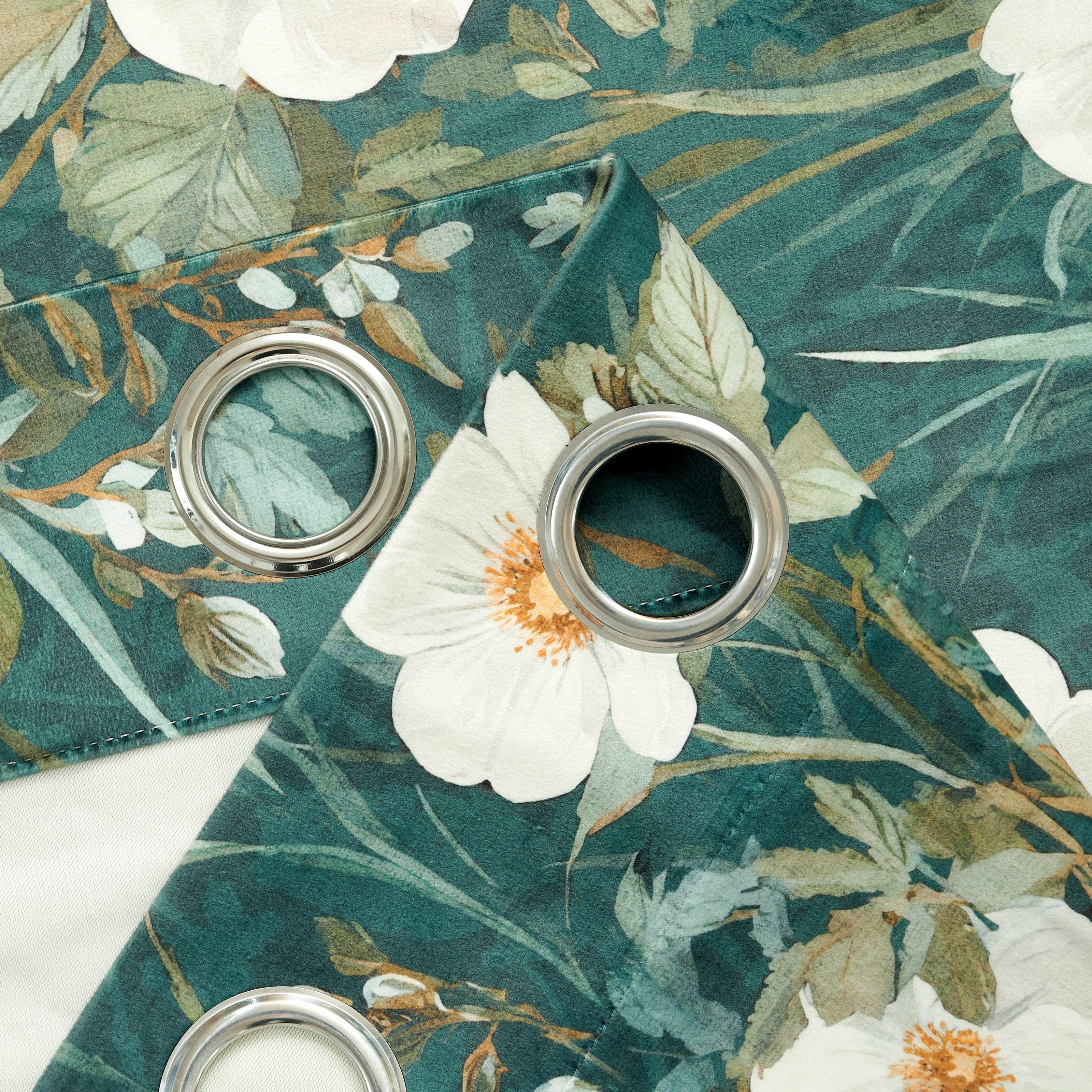 Dark Green White Wild Flower Velvet Curtains Grommet Top 2 Panel