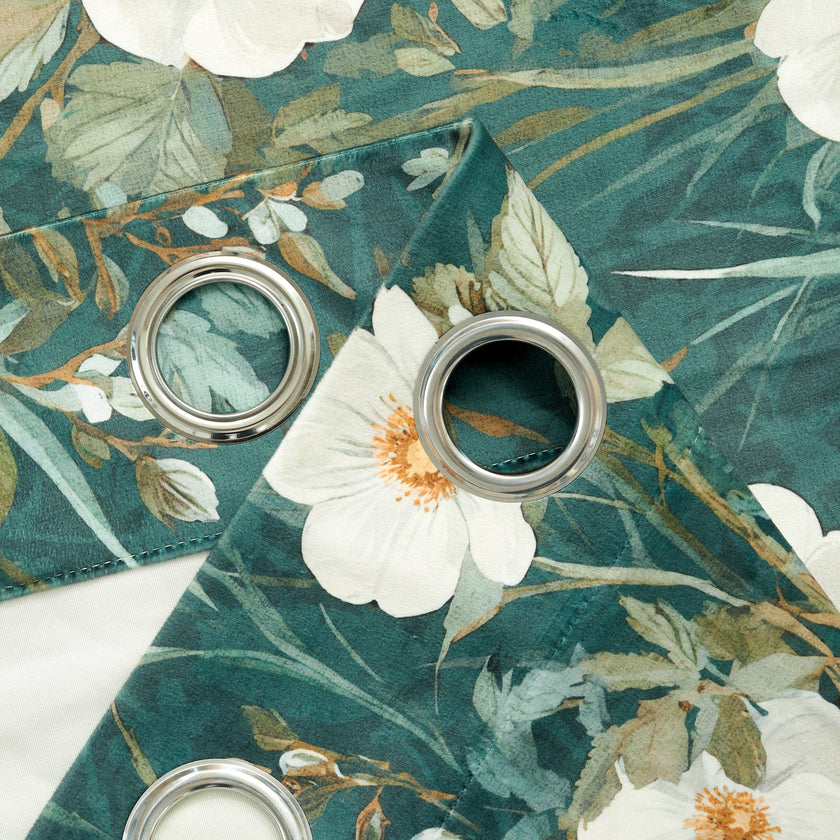 Dark Green White Wild Flower Velvet Curtains Grommet Top 2 Panel