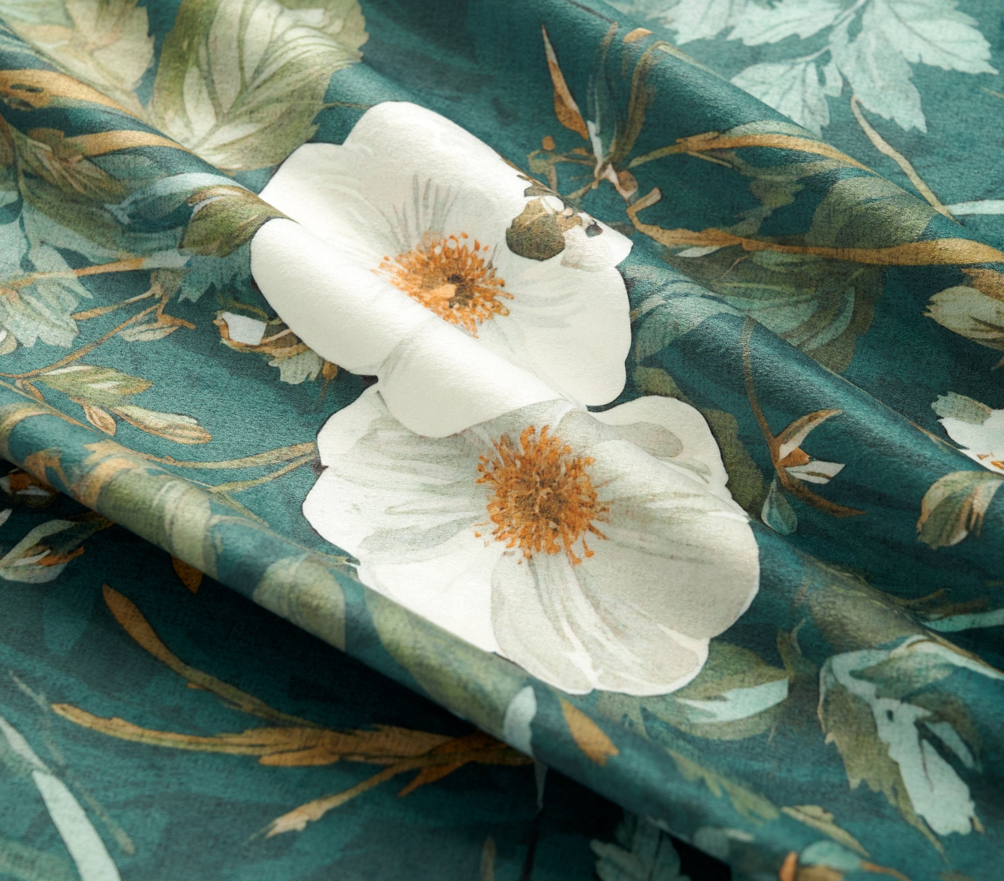Dark Green White Wild Flower Velvet Curtains Grommet Top 2 Panel