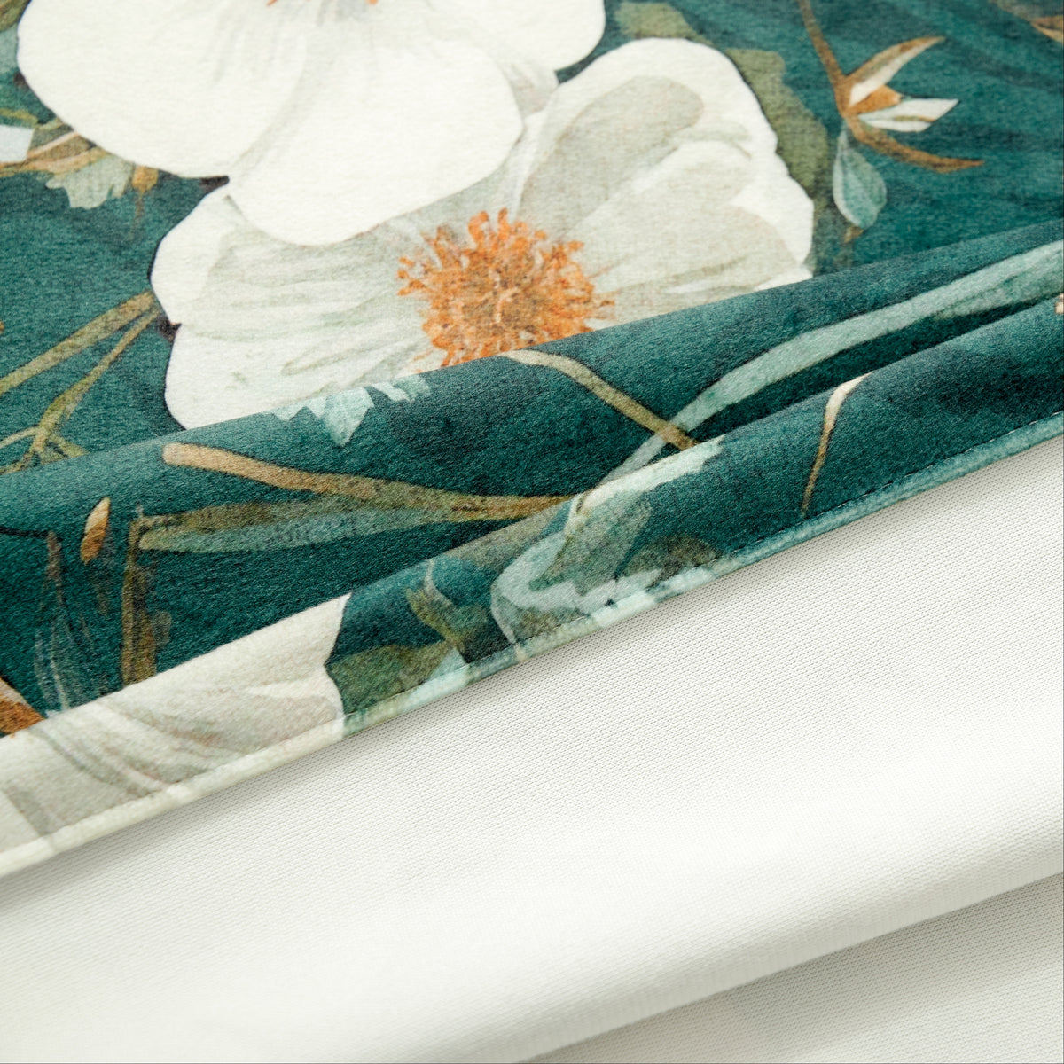 Dark Green White Wild Flower Velvet Curtains Grommet Top 2 Panel