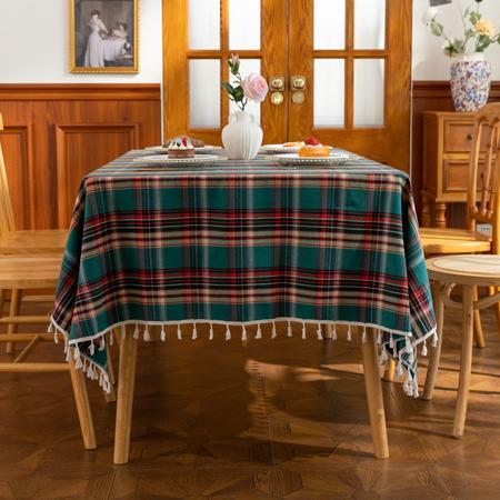 Plaid Rectangle Tablecloth Farmhouse Tassel Design
