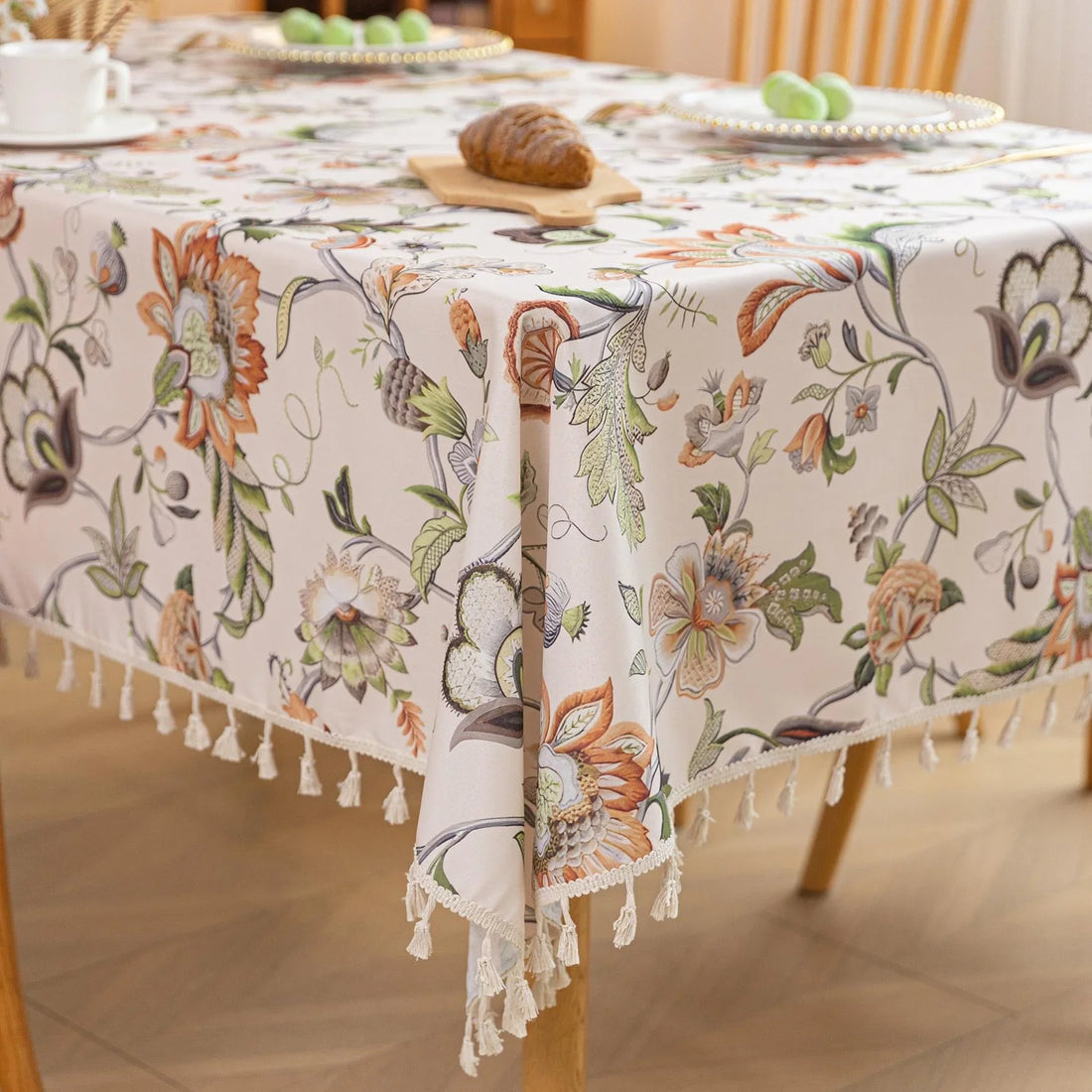 Cashew Flower Rectangle Tablecloth Boho Tassel Design