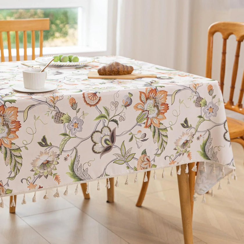 Cashew Flower Rectangle Tablecloth Boho Tassel Design
