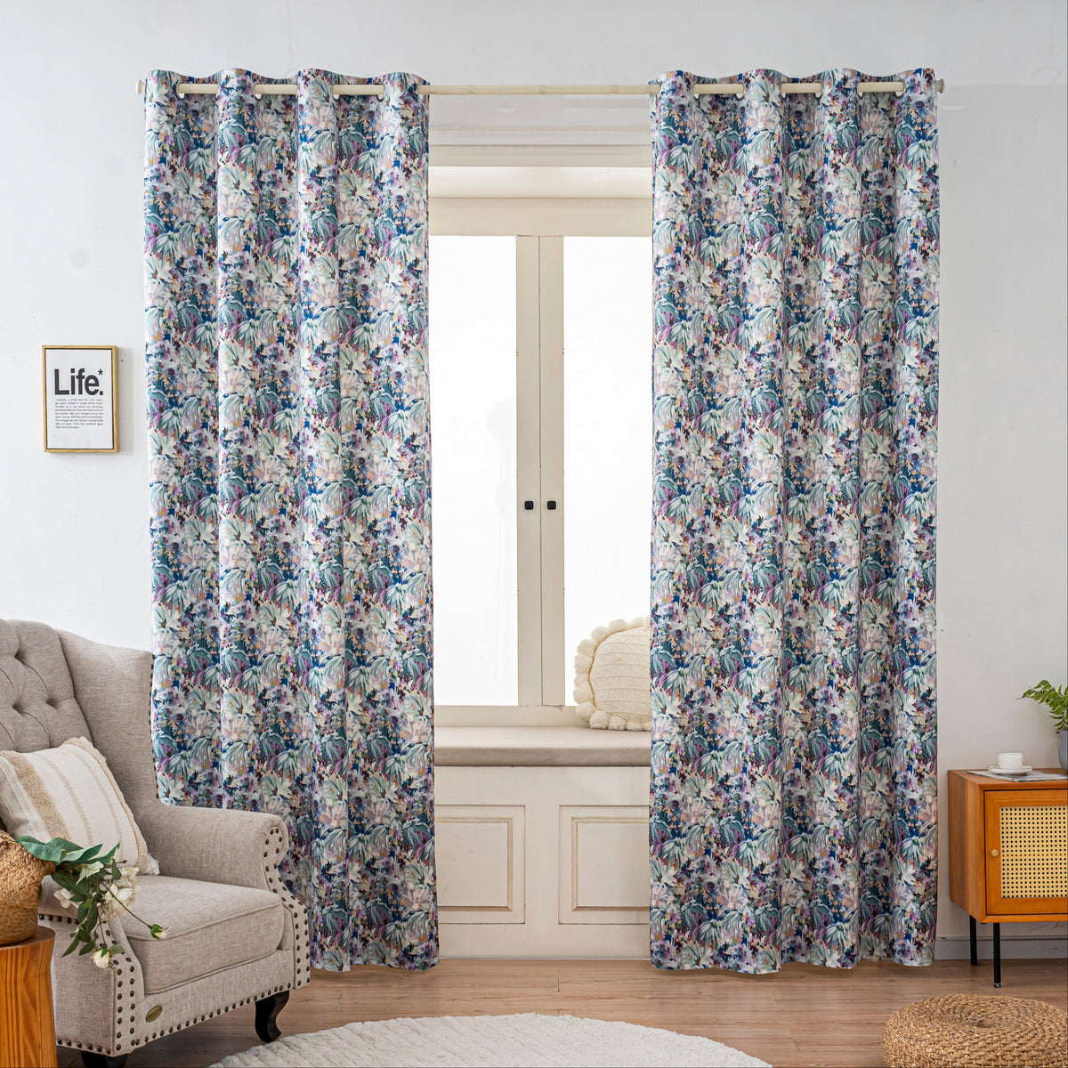 Purple Dahlia Floral Velvet Curtains Grommet Top 2 Panel
