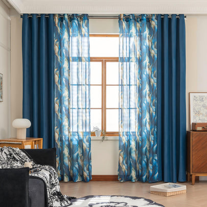 Erbnaryx Mix and Match Curtains 4 Panels Set - 2 Pieces Ocean Print Sheer Curtains and 2 Pieces Velvet   Curtains for Bedroom Living Room Grommet Window Drapes
