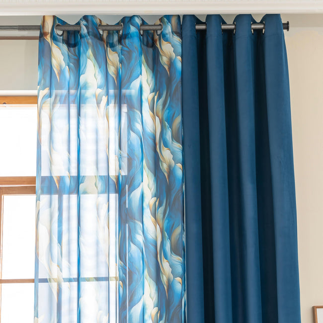 Erbnaryx Mix and Match Curtains 4 Panels Set - 2 Pieces Ocean Print Sheer Curtains and 2 Pieces Velvet   Curtains for Bedroom Living Room Grommet Window Drapes