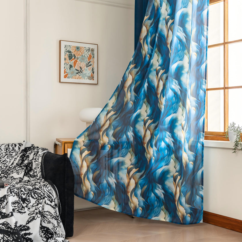 Erbnaryx Mix and Match Curtains 4 Panels Set - 2 Pieces Ocean Print Sheer Curtains and 2 Pieces Velvet   Curtains for Bedroom Living Room Grommet Window Drapes