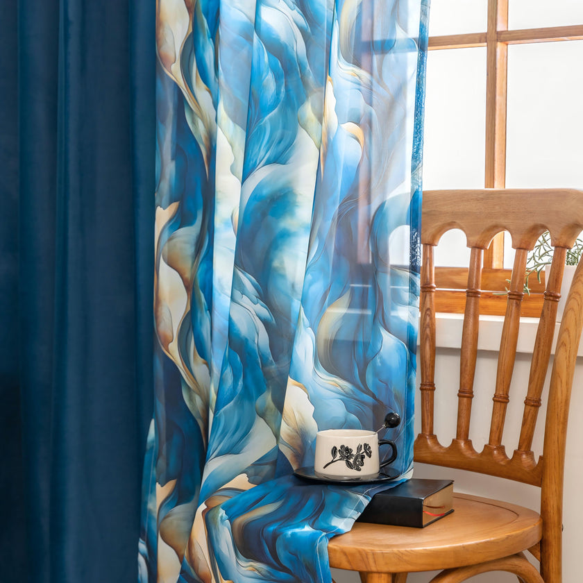 Erbnaryx Mix and Match Curtains 4 Panels Set - 2 Pieces Ocean Print Sheer Curtains and 2 Pieces Velvet   Curtains for Bedroom Living Room Grommet Window Drapes