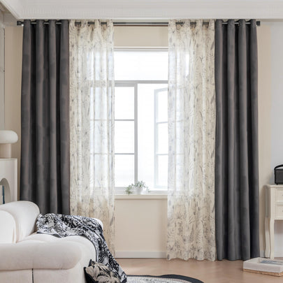 Erbnaryx Mix and Match Curtains 4 Panels Set - 2 Pieces Floral Print Sheer Curtains and 2 Pieces Velvet   Curtains for Bedroom Living Room Grommet Window Drapes