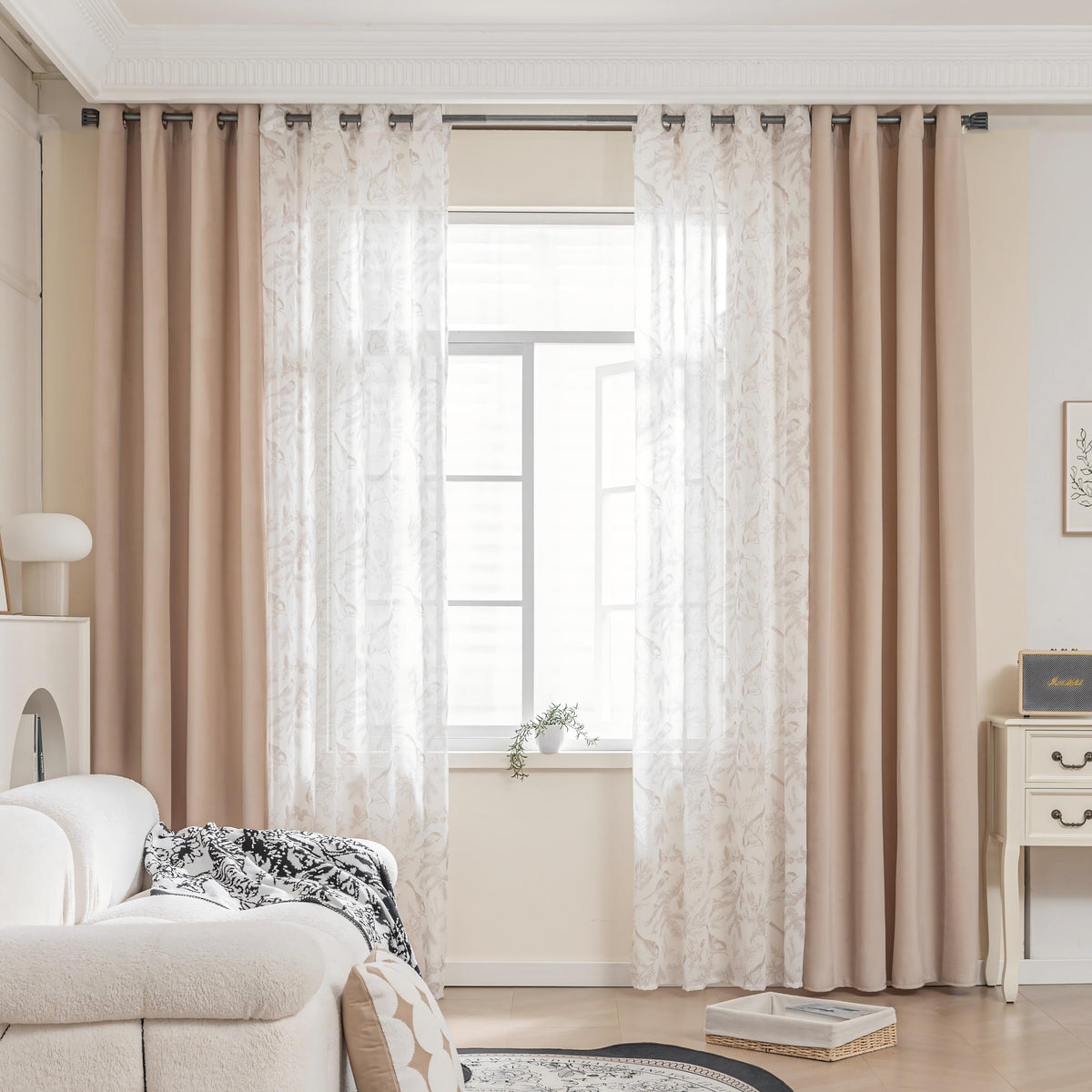 Erbnaryx Mix and Match Curtains 4 Panels Set - 2 Pieces Birds Print Sheer Curtains and 2 Pieces Velvet Curtains for Bedroom Living Room Grommet Window Drapes, Beige - product image 1