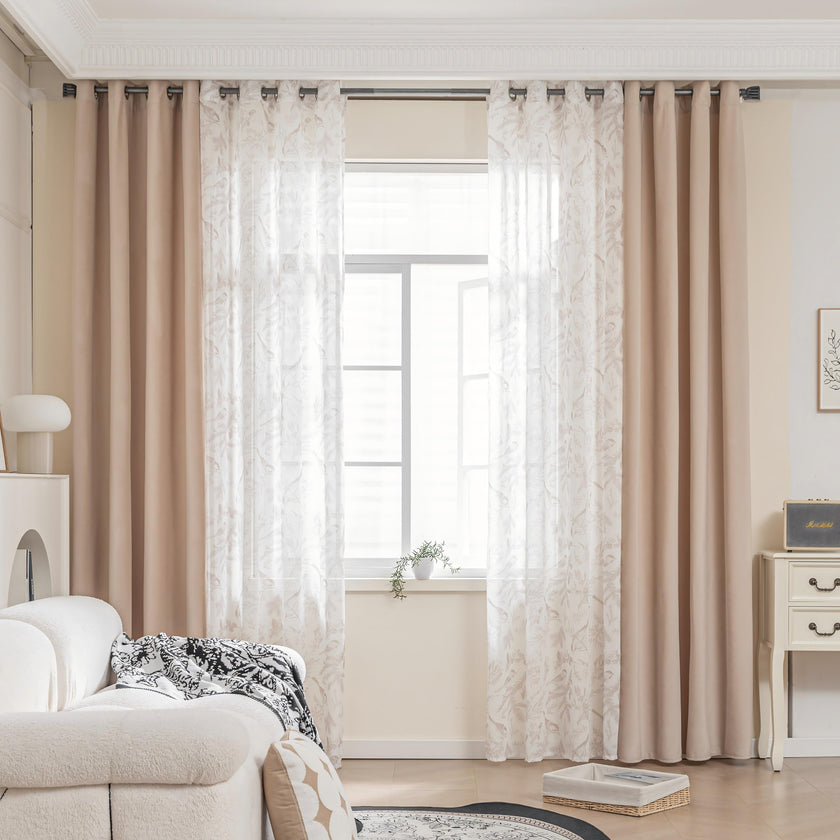 Erbnaryx Mix and Match Curtains 4 Panels Set - 2 Pieces Birds Print Sheer Curtains and 2 Pieces Velvet Curtains for Bedroom Living Room Grommet Window Drapes, Beige - product image 1
