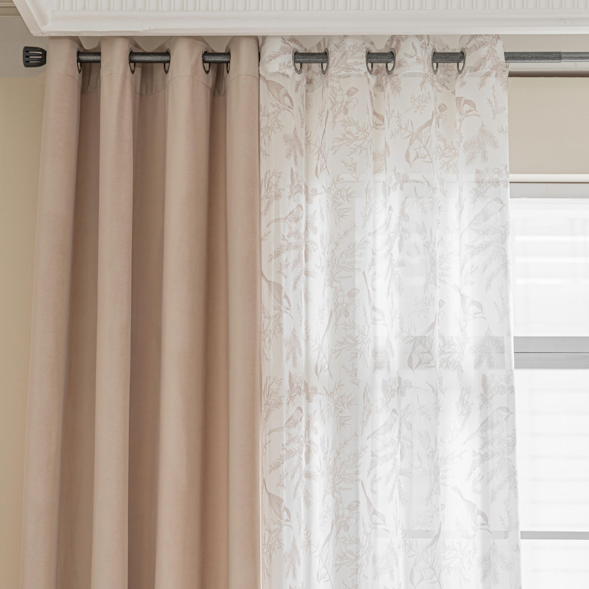Erbnaryx Mix and Match Curtains 4 Panels Set - 2 Pieces Birds Print Sheer Curtains and 2 Pieces Velvet Curtains for Bedroom Living Room Grommet Window Drapes, Beige - product image 5