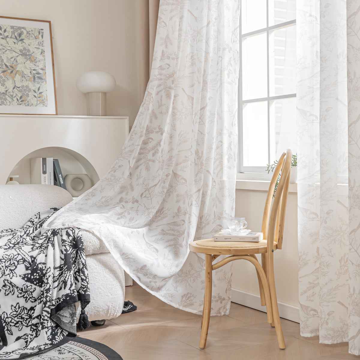 Erbnaryx Mix and Match Curtains 4 Panels Set - 2 Pieces Birds Print Sheer Curtains and 2 Pieces Velvet Curtains for Bedroom Living Room Grommet Window Drapes, Beige - product image 2