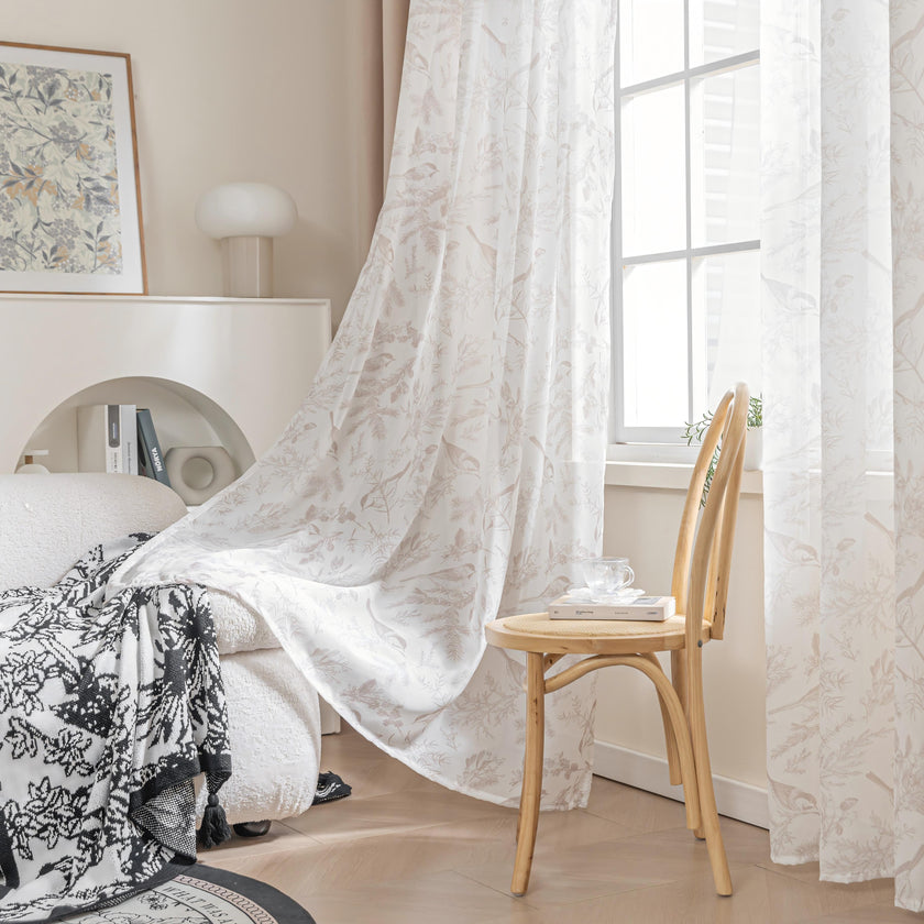 Erbnaryx Mix and Match Curtains 4 Panels Set - 2 Pieces Birds Print Sheer Curtains and 2 Pieces Velvet Curtains for Bedroom Living Room Grommet Window Drapes, Beige - product image 2