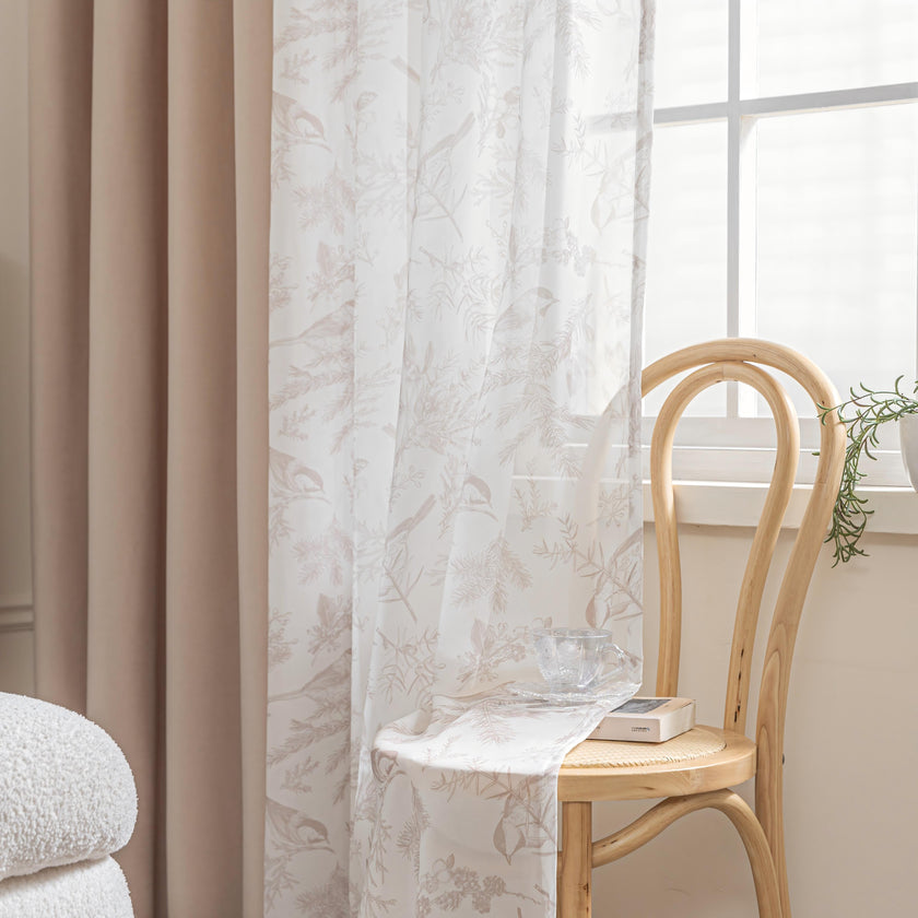 Erbnaryx Mix and Match Curtains 4 Panels Set - 2 Pieces Birds Print Sheer Curtains and 2 Pieces Velvet Curtains for Bedroom Living Room Grommet Window Drapes, Beige - product image 4
