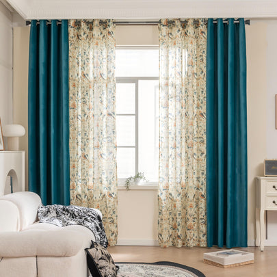 Erbnaryx Mix and Match Curtains 4 Panels Set - 2 Pieces Floral Print Sheer Curtains and 2 Pieces Velvet   Curtains for Bedroom Living Room Grommet Window Drapes, 52x63 Inch,Blue,Set of 4 Panels