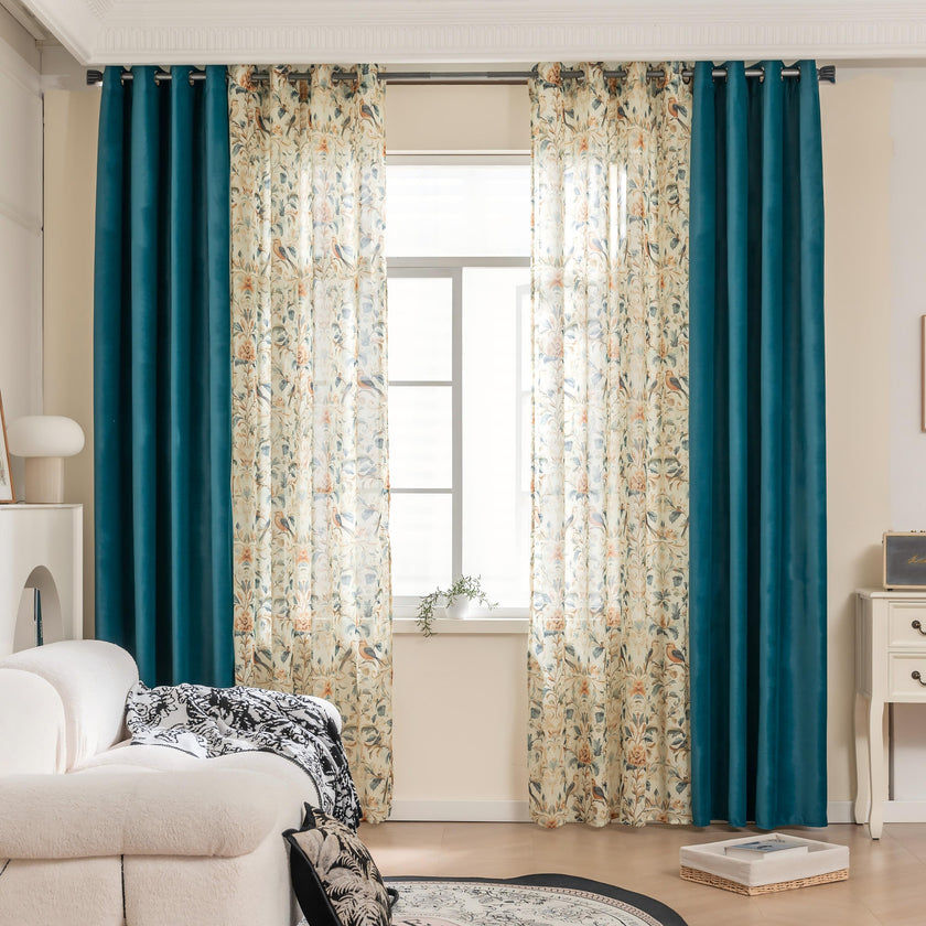 Erbnaryx Mix and Match Curtains 4 Panels Set - 2 Pieces Floral Print Sheer Curtains and 2 Pieces Velvet   Curtains for Bedroom Living Room Grommet Window Drapes, 52x63 Inch,Blue,Set of 4 Panels