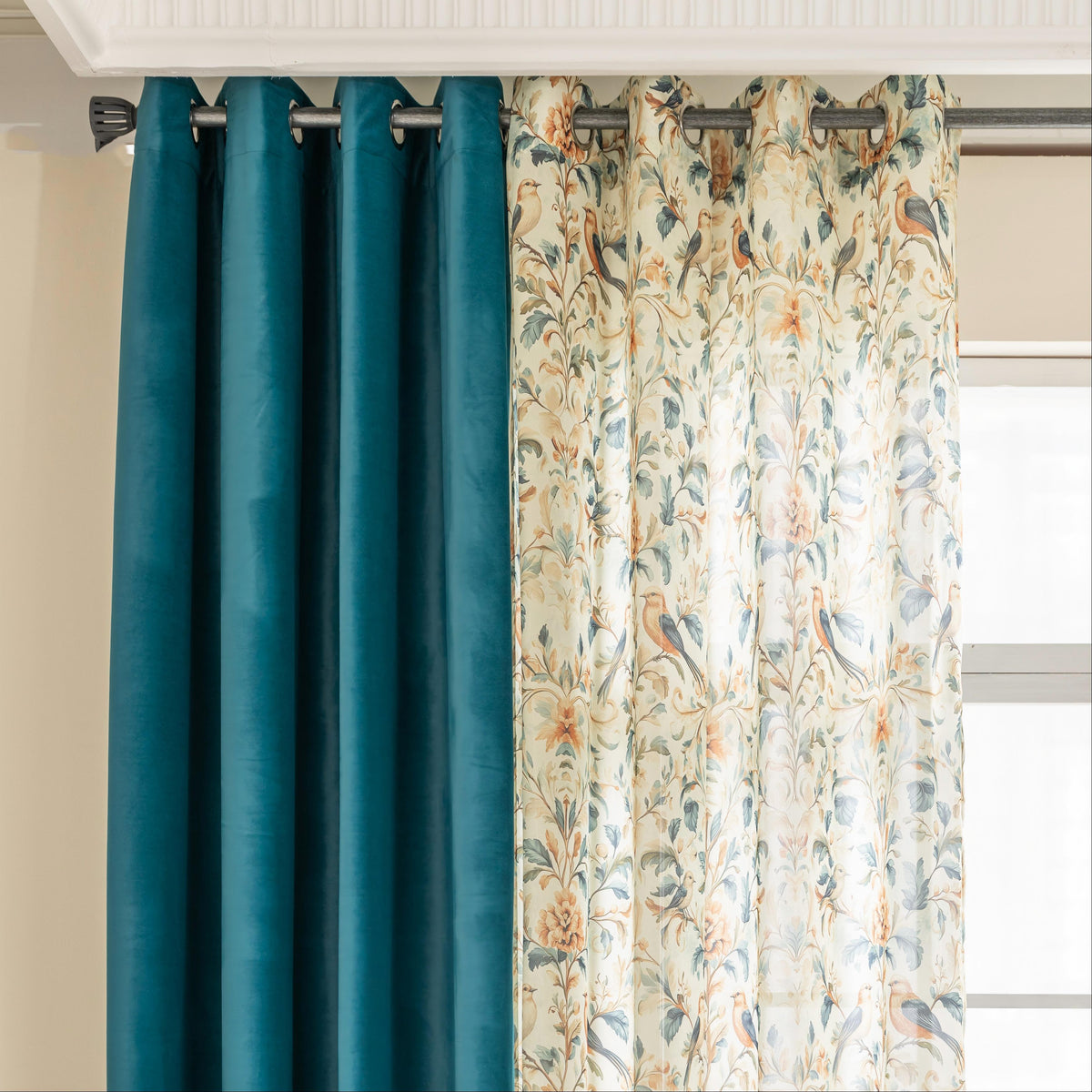 Erbnaryx Mix and Match Curtains 4 Panels Set - 2 Pieces Floral Print Sheer Curtains and 2 Pieces Velvet   Curtains for Bedroom Living Room Grommet Window Drapes, 52x63 Inch,Blue,Set of 4 Panels