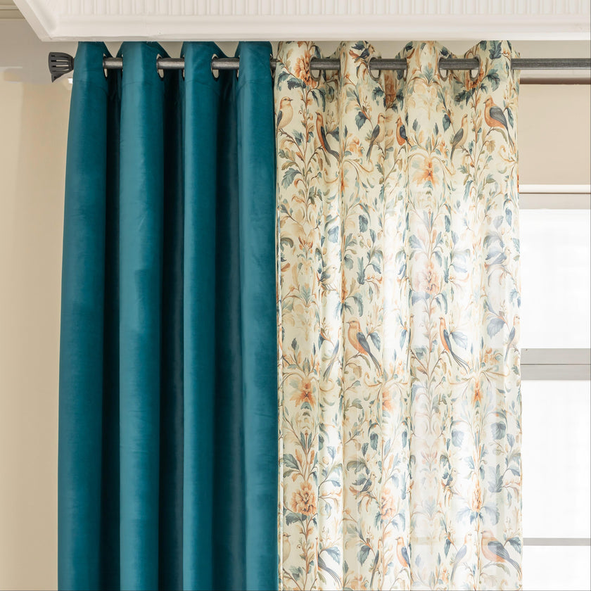 Erbnaryx Mix and Match Curtains 4 Panels Set - 2 Pieces Floral Print Sheer Curtains and 2 Pieces Velvet   Curtains for Bedroom Living Room Grommet Window Drapes, 52x63 Inch,Blue,Set of 4 Panels