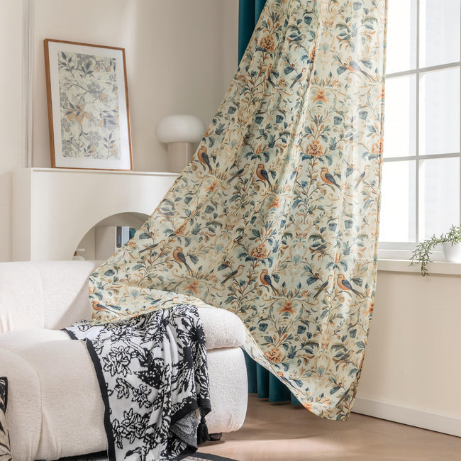 Erbnaryx Mix and Match Curtains 4 Panels Set - 2 Pieces Floral Print Sheer Curtains and 2 Pieces Velvet   Curtains for Bedroom Living Room Grommet Window Drapes, 52x63 Inch,Blue,Set of 4 Panels