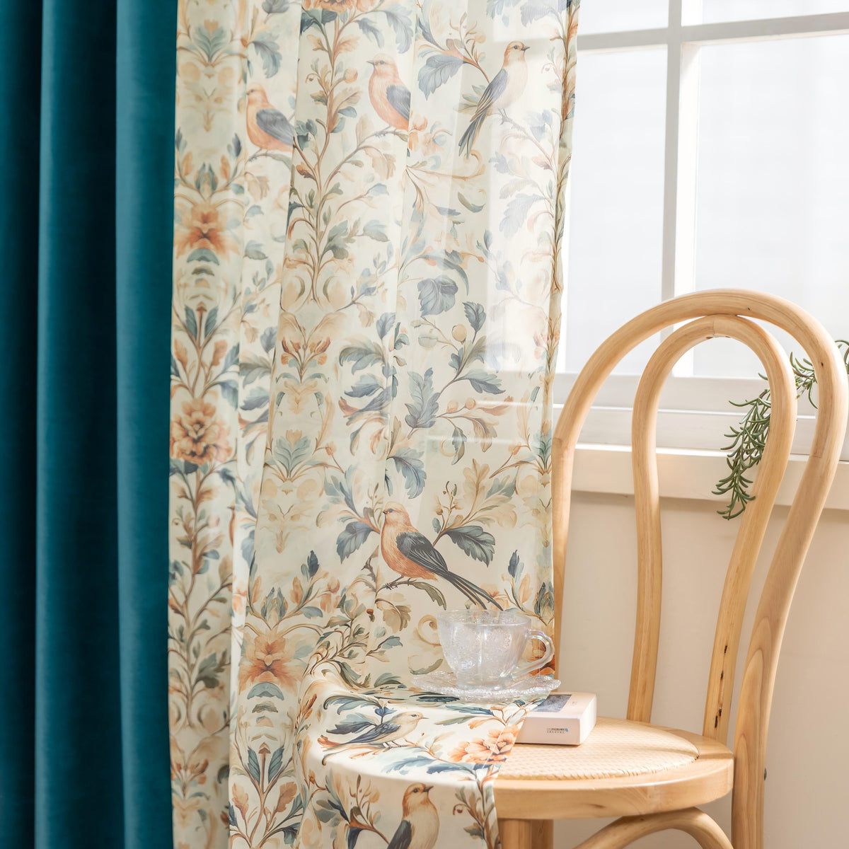 Erbnaryx Mix and Match Curtains 4 Panels Set - 2 Pieces Floral Print Sheer Curtains and 2 Pieces Velvet   Curtains for Bedroom Living Room Grommet Window Drapes, 52x63 Inch,Blue,Set of 4 Panels