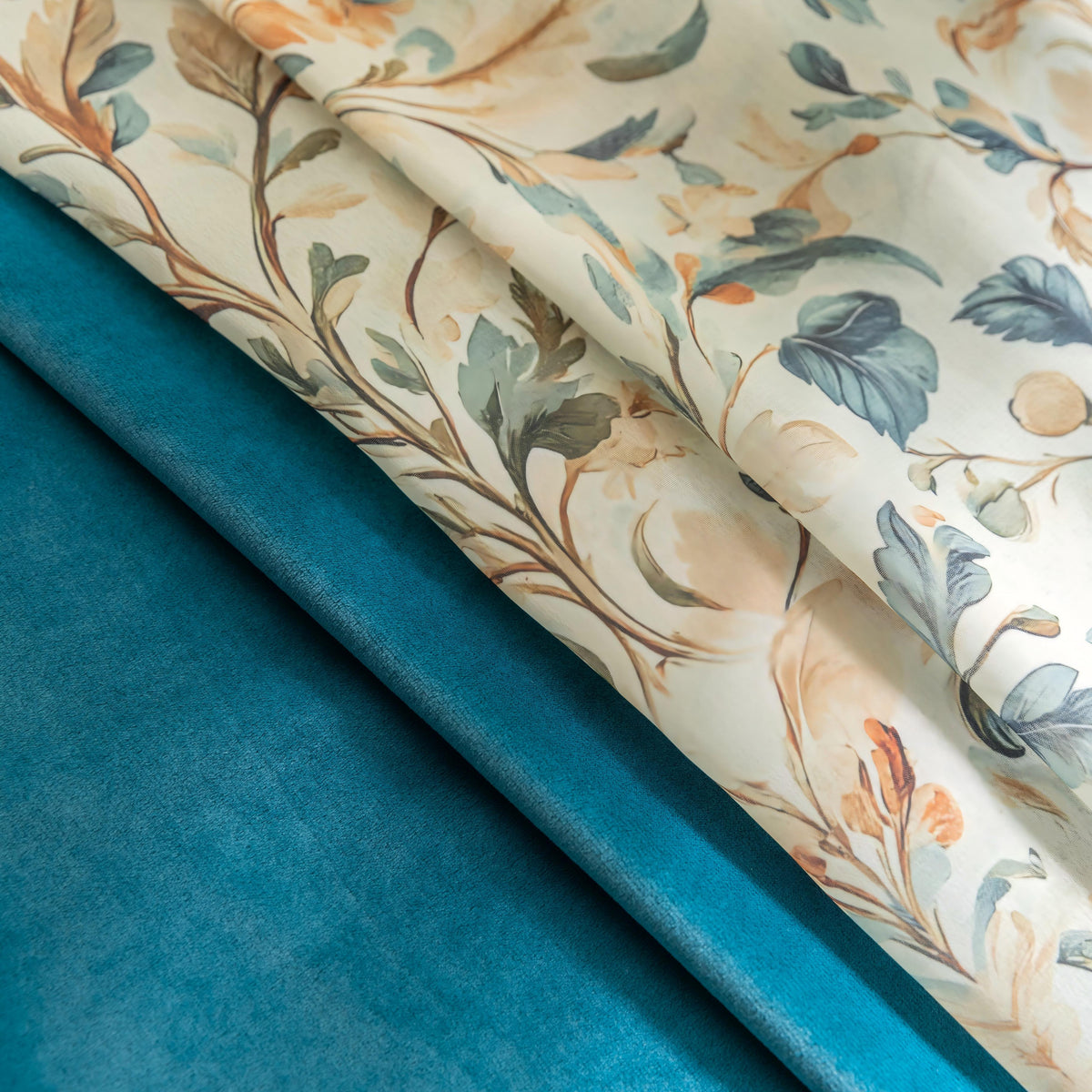 Erbnaryx Mix and Match Curtains 4 Panels Set - 2 Pieces Floral Print Sheer Curtains and 2 Pieces Velvet   Curtains for Bedroom Living Room Grommet Window Drapes, 52x63 Inch,Blue,Set of 4 Panels