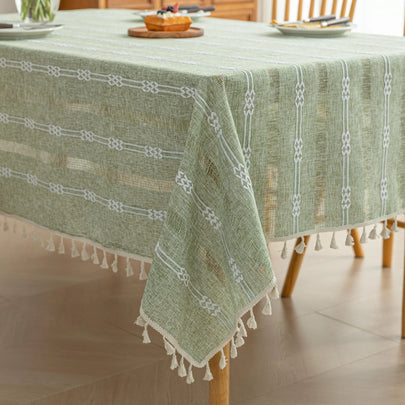 Matcha Green Embroidery Rectangle Tablecloths Boho Tassel Design