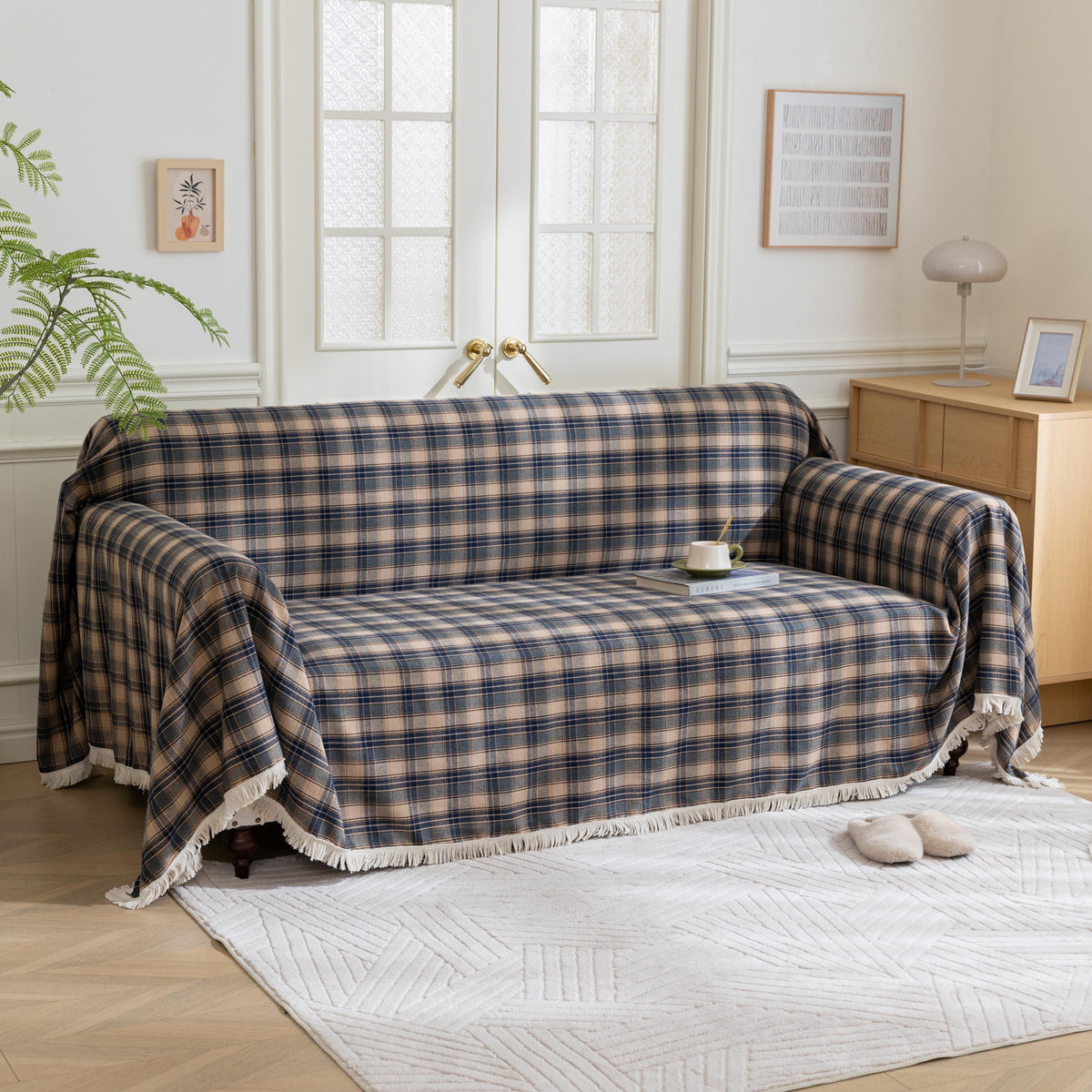 Brown Plaid Couch Covers with Tassel