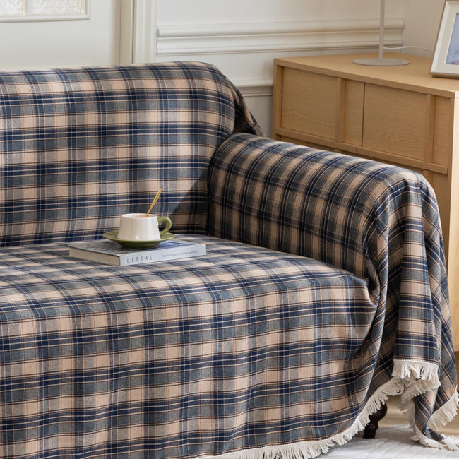 Brown Plaid Couch Covers with Tassel