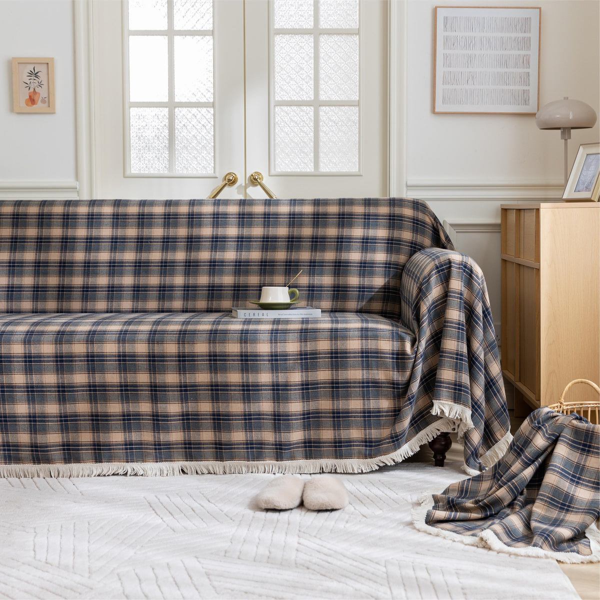 Brown Plaid Couch Covers with Tassel