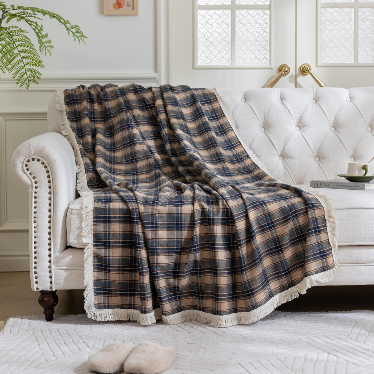 Brown Plaid Couch Covers with Tassel