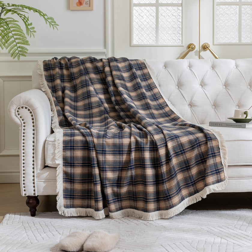 Brown Plaid Couch Covers with Tassel