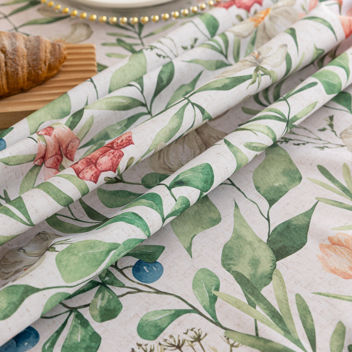 Green Floral Rectangle Tablecloth Boho Tassel Design