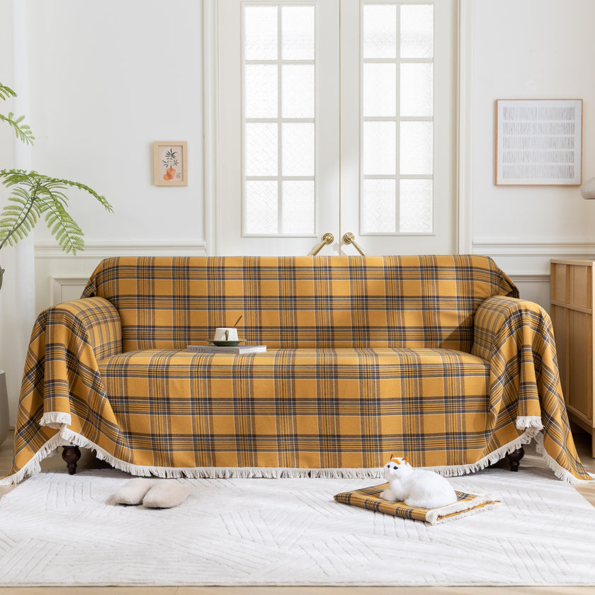 Yellow Plaid Couch Covers with Tassel