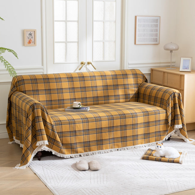 Yellow Plaid Couch Covers with Tassel