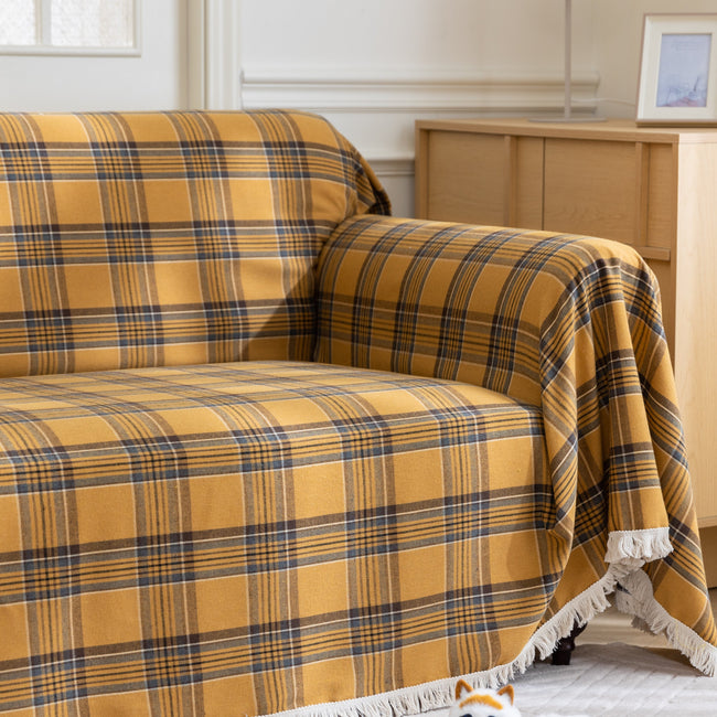 Yellow Plaid Couch Covers with Tassel