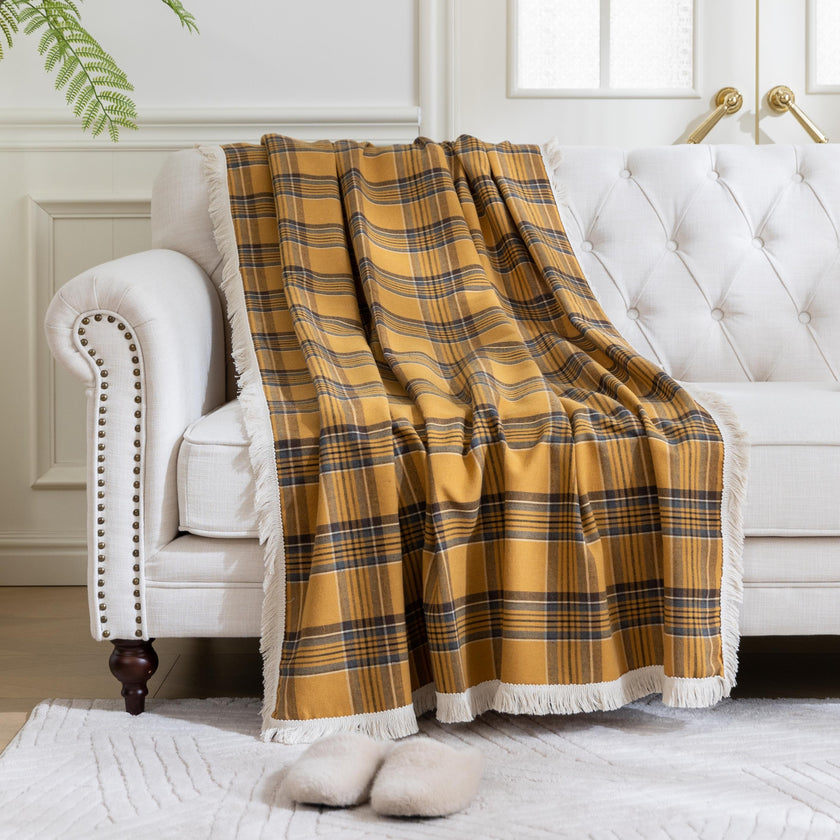 Yellow Plaid Couch Covers with Tassel